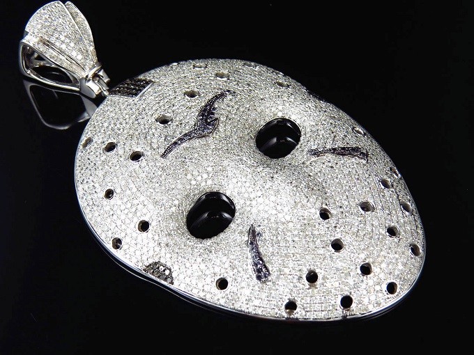 Big 35.50 Gm Solid 925 Silver Round CZ Friday13th Jason Mask Pendant 12.0Ct New*