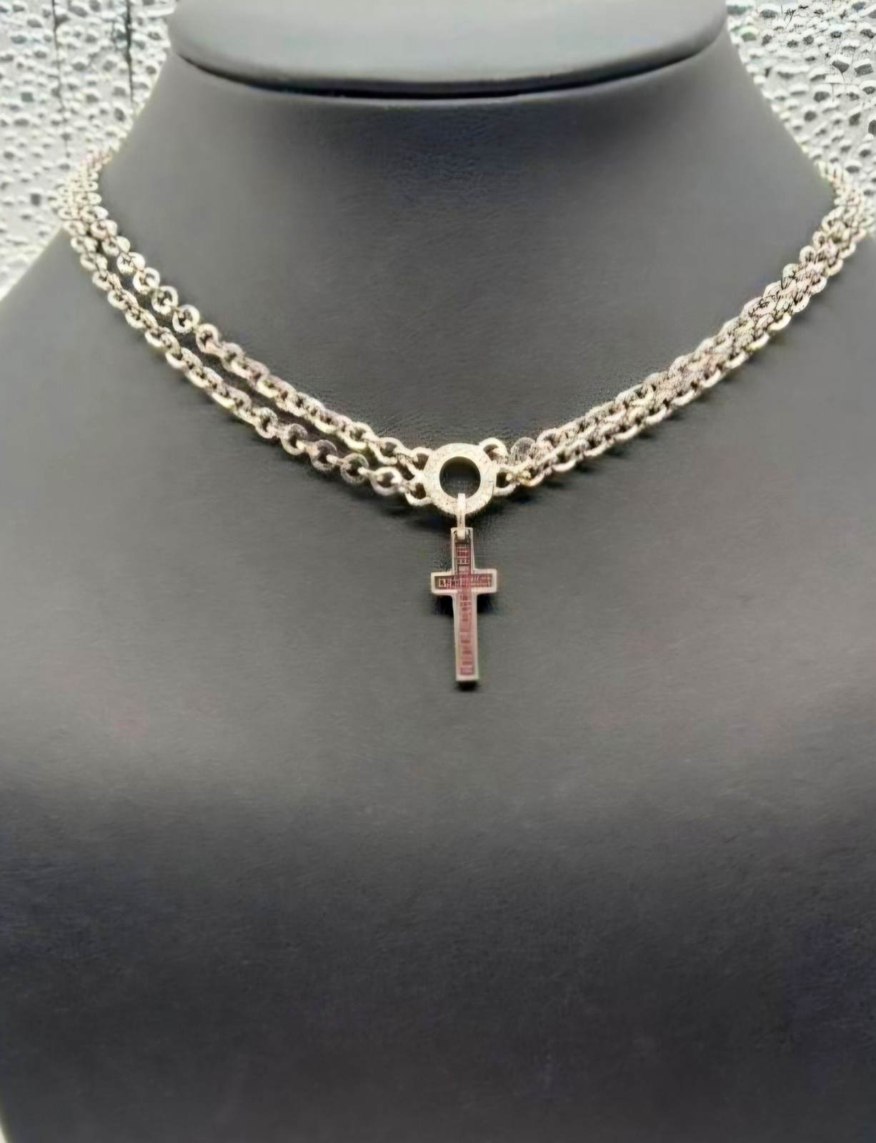 PIANEGONDA 925 Pave Pink Ruby Cross Pendant Necklace