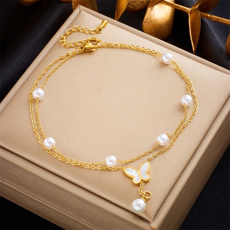 Gold Tone Butterfly Faux Pearl Anklet Adjustable Stainless Steel Chain Foot