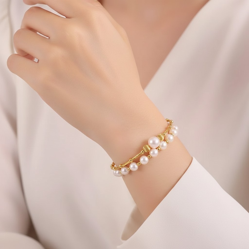 Double Layer Freshwater Pearl Bracelet 6mm 8mm Gold Plated Adjustable Elegant