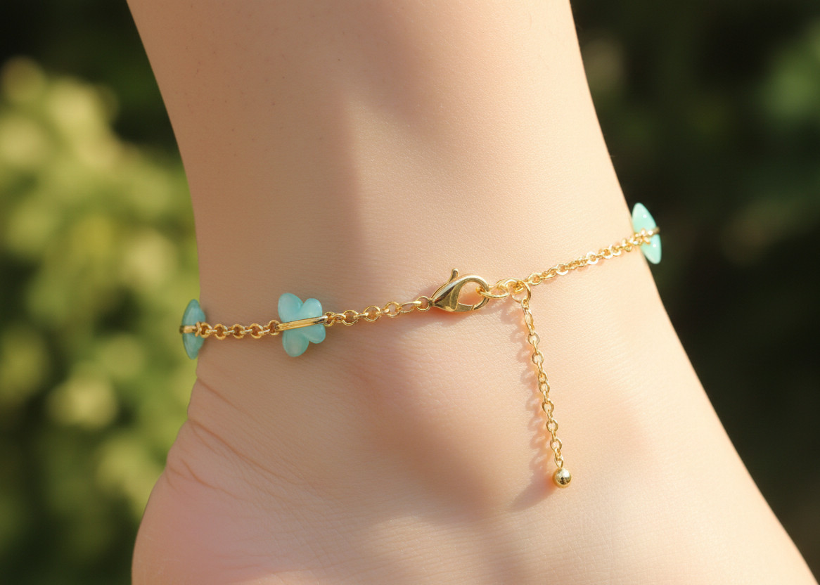 Handmade 18K Gold Sea Green Butterfly Anklet – Dainty Minimalist Foot Chain