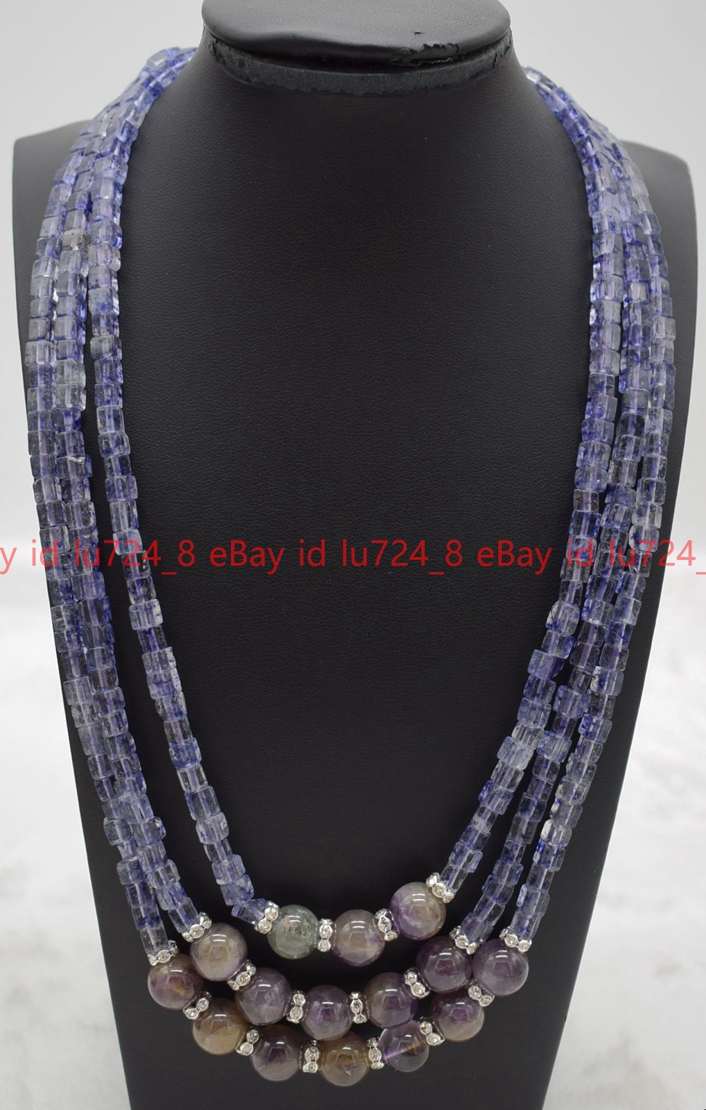 3 Rows Natural 5x5mm Square Blue Watermelon &Round Amethyst Beads Necklace18-20″