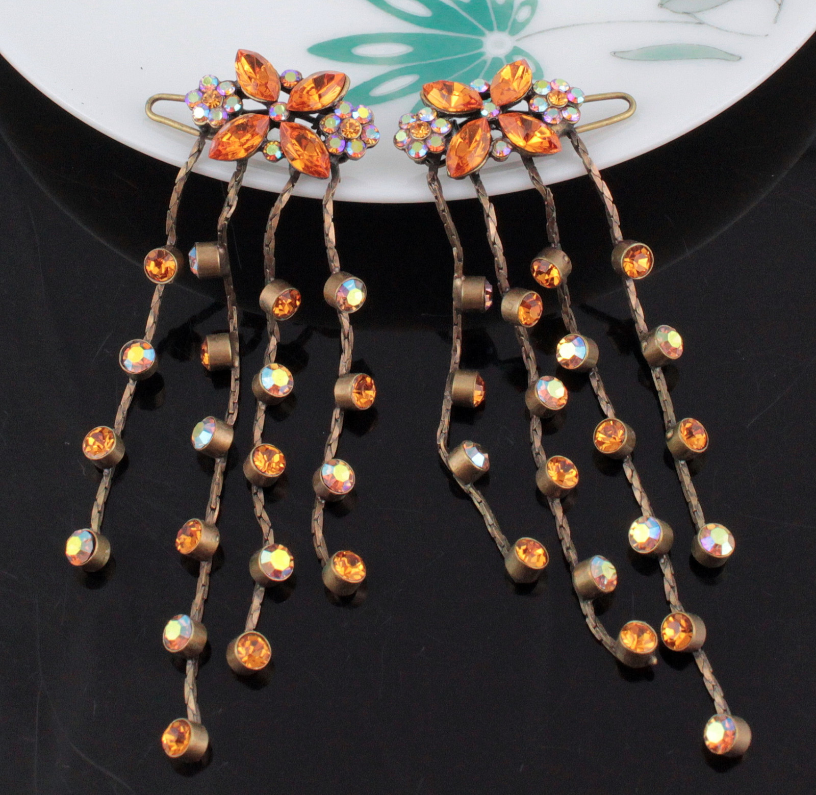 2pcs Dangle Topaz Austrian Crystal Rhinestone Hair Barrette Clips B173t