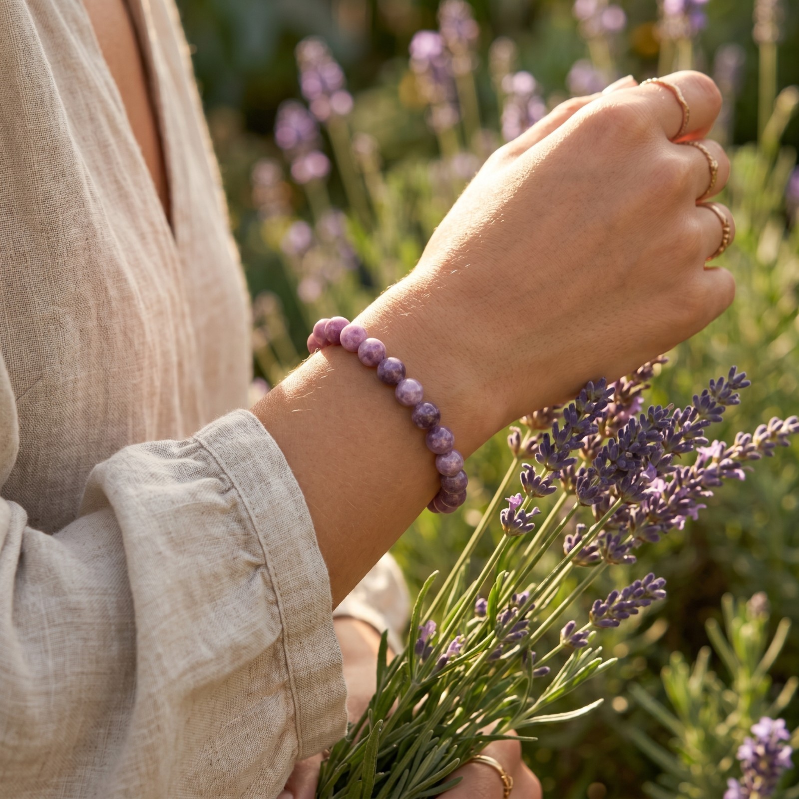 Natural Lepidolite Bracelet 8mm Stretch Round Beads Calm Anxiety Relief Healing