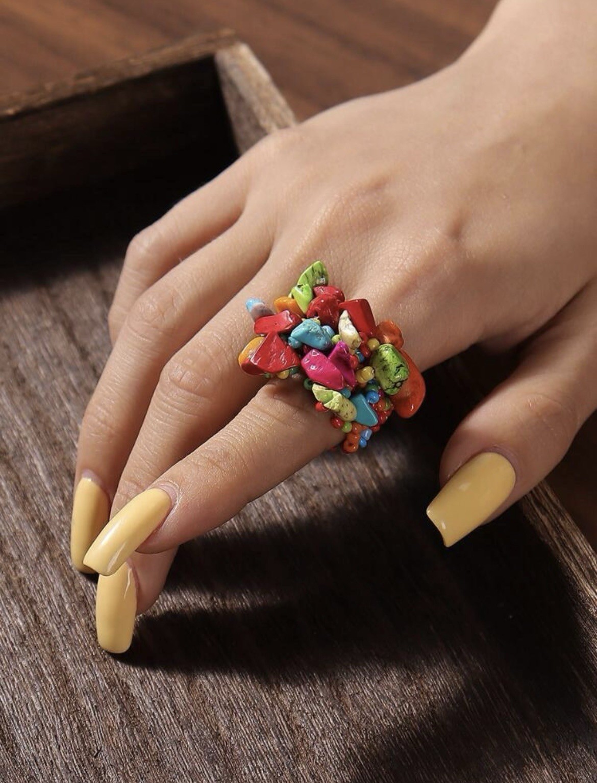 Dyed Turquoise Chip Stone Stretch Ring Blue Braided Woven Elastic Beach Handmade