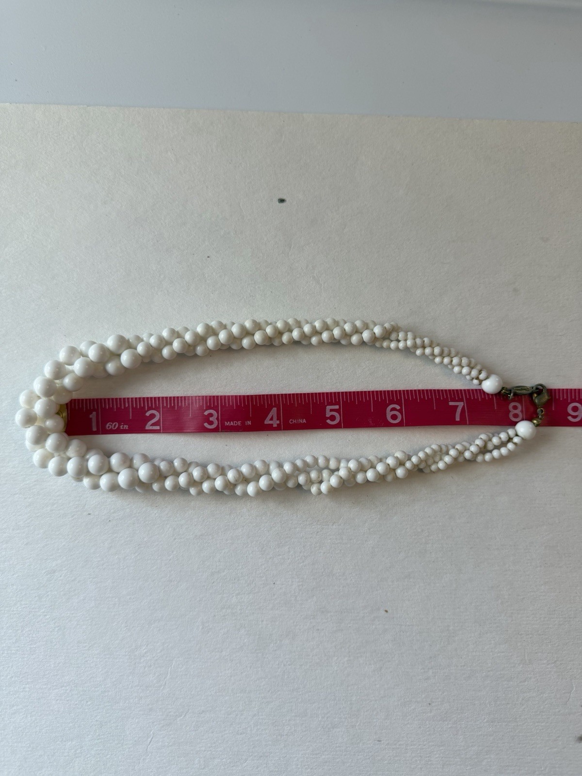 White Glass Beaded Double Strand Necklace, Round Beads, Lobster Clasp, Signed