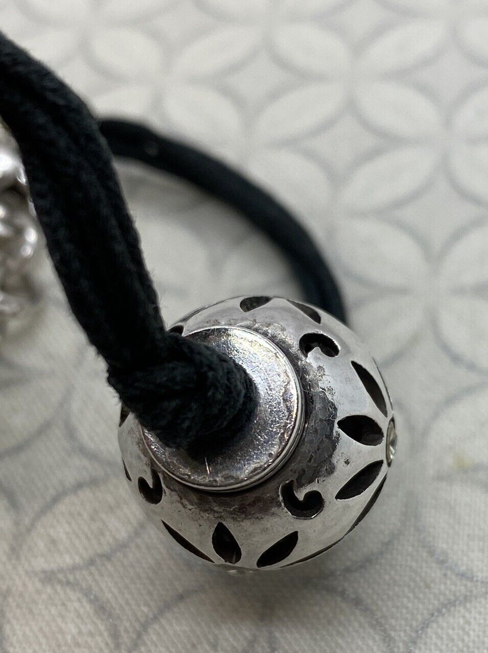 Brighton Trade Winds Silver Tone Corded Black Bracelet Round Flower bead Used