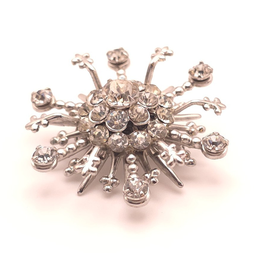 Silver Tone Starburst Celestial Clear Rhinestone Prong Set Brooch Pin