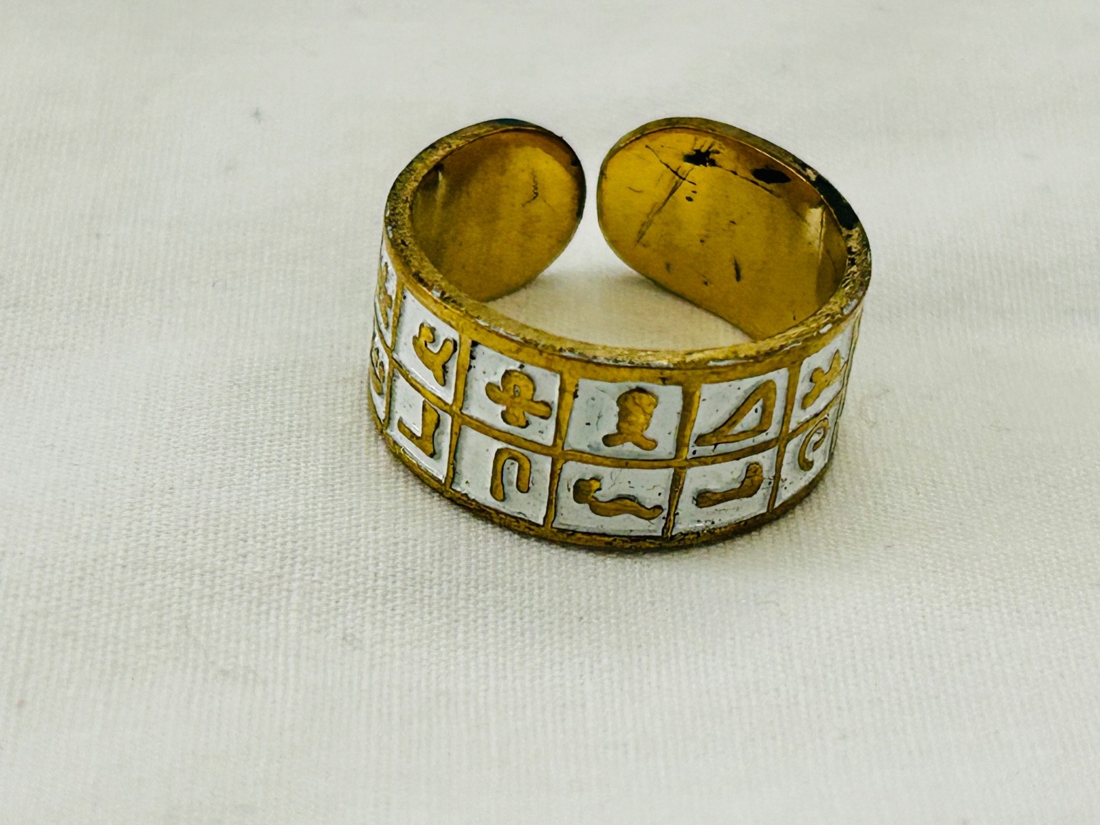 Egyptian Brass Adjustable Handmade Hieroglyphic White Black Ring 0.25″ Wide