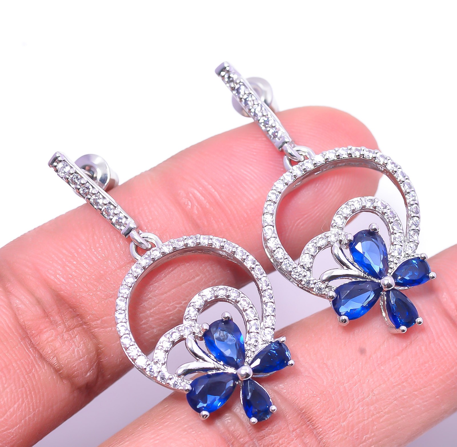 Blue Sapphire – Simulated & Cubic Zirconia 925 Sterling Silver Earring 1.56″ E86