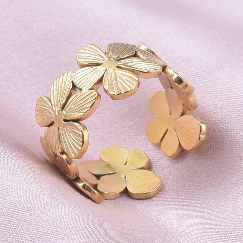 2PCS Stainless Steel Ring Leaf Water Droplet Adjustable Gold Plated Jewelry