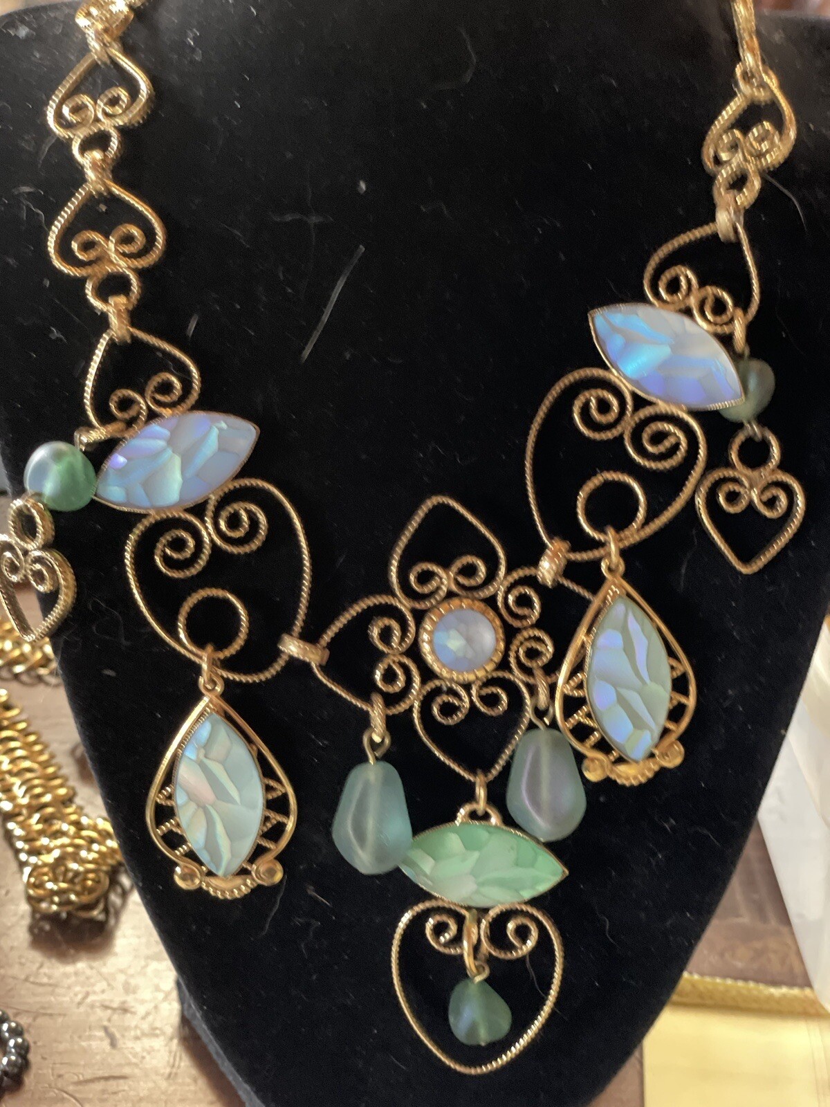 Vtg Signed Zoe Coste Huge Gold Tone Chandelier Necklace Aqua Blues France R-S#10