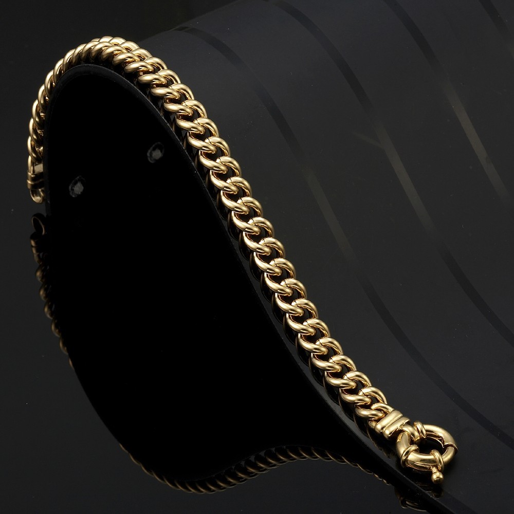 18K GL Solid Euro Curb Yellow Gold Bracelet with Antique Lifebuoy Style Clasp