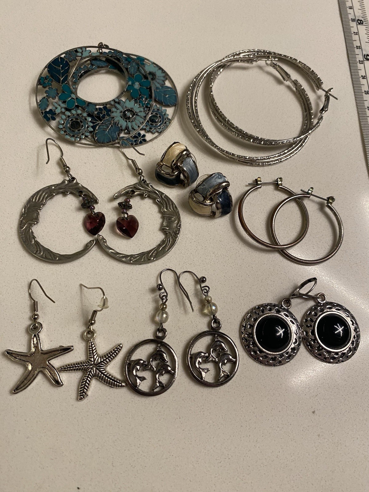 Lot of 8 Large Hoop And Dangle Earrings Mixed Pierced Silver Tone Enamel Studs