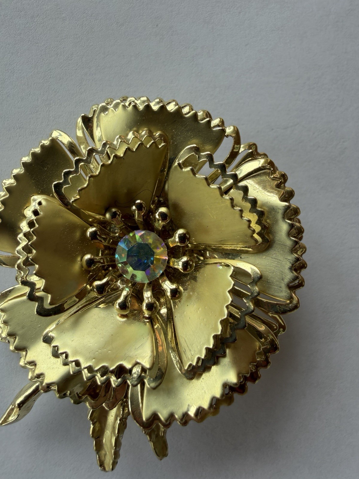 Vintage Gold Tone Layered Flower Brooch Aurora Borealis Rhinestone Floral Pin