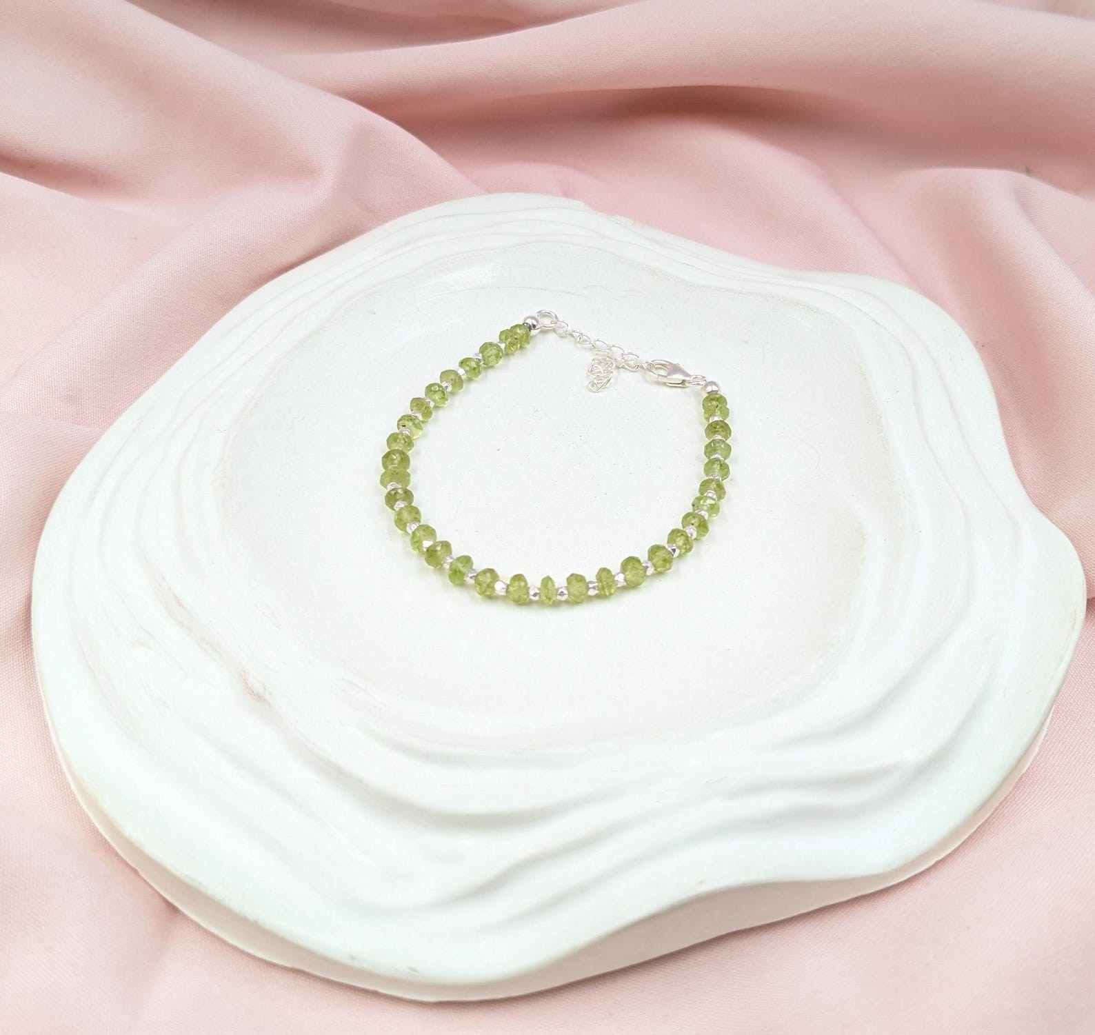 Green Peridot Faceted Rondelle Gemstone Silver Filled Beads Women Bracelet 6-8”