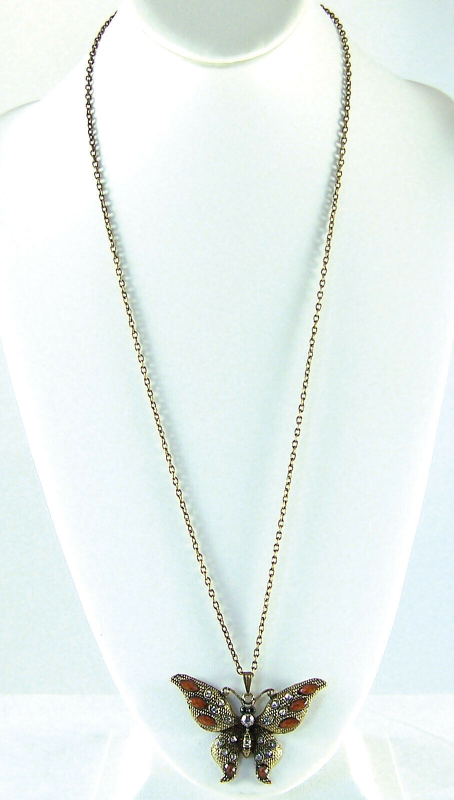Butterfly Necklace Brown Orange Clear Black Rhinestone Bronzetone Metal 28″Chain