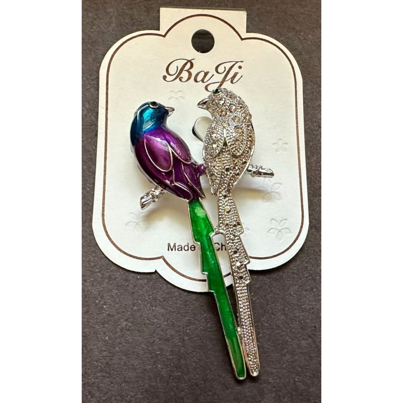 Vibrant Enamel & Rhinestone Parrots Birds Pin Brooch BaJi