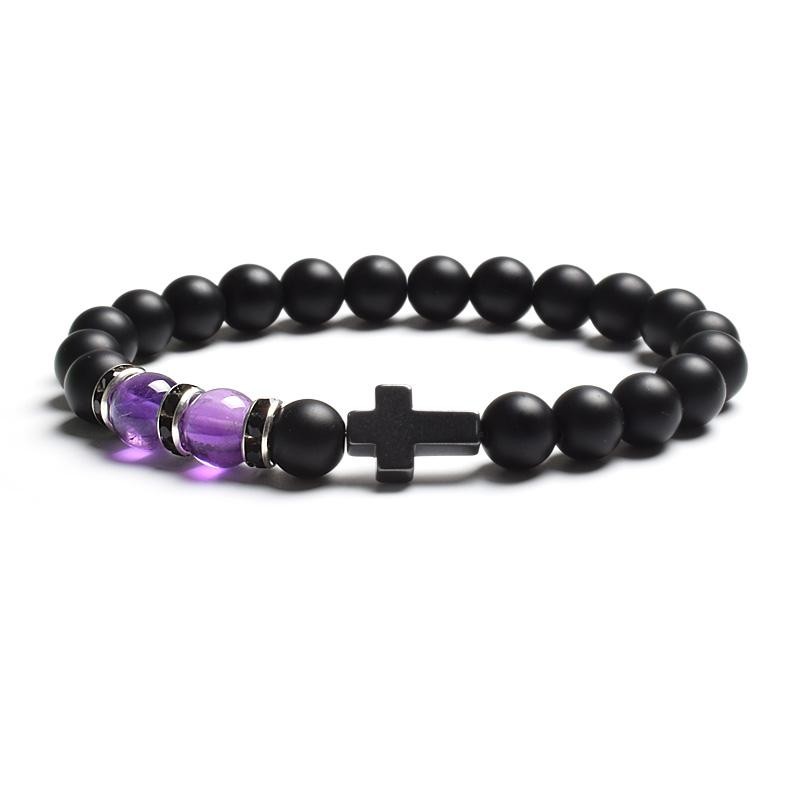 Tiger Eye & Black Agate Beaded Bracelet Men Women Elastic Cross Faith Jewelry