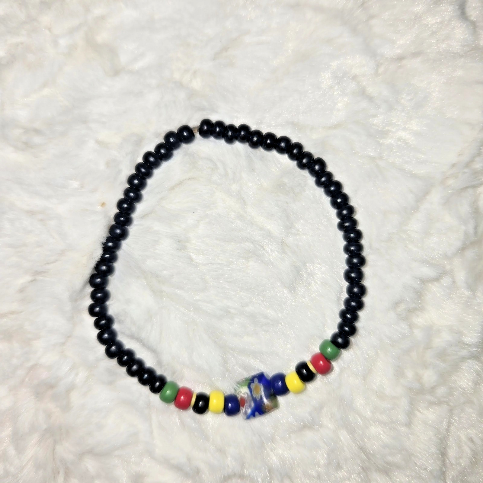Set of 4 = Stacking Bracelets – Black Seed Beads, Colorful Accents – Stretchy