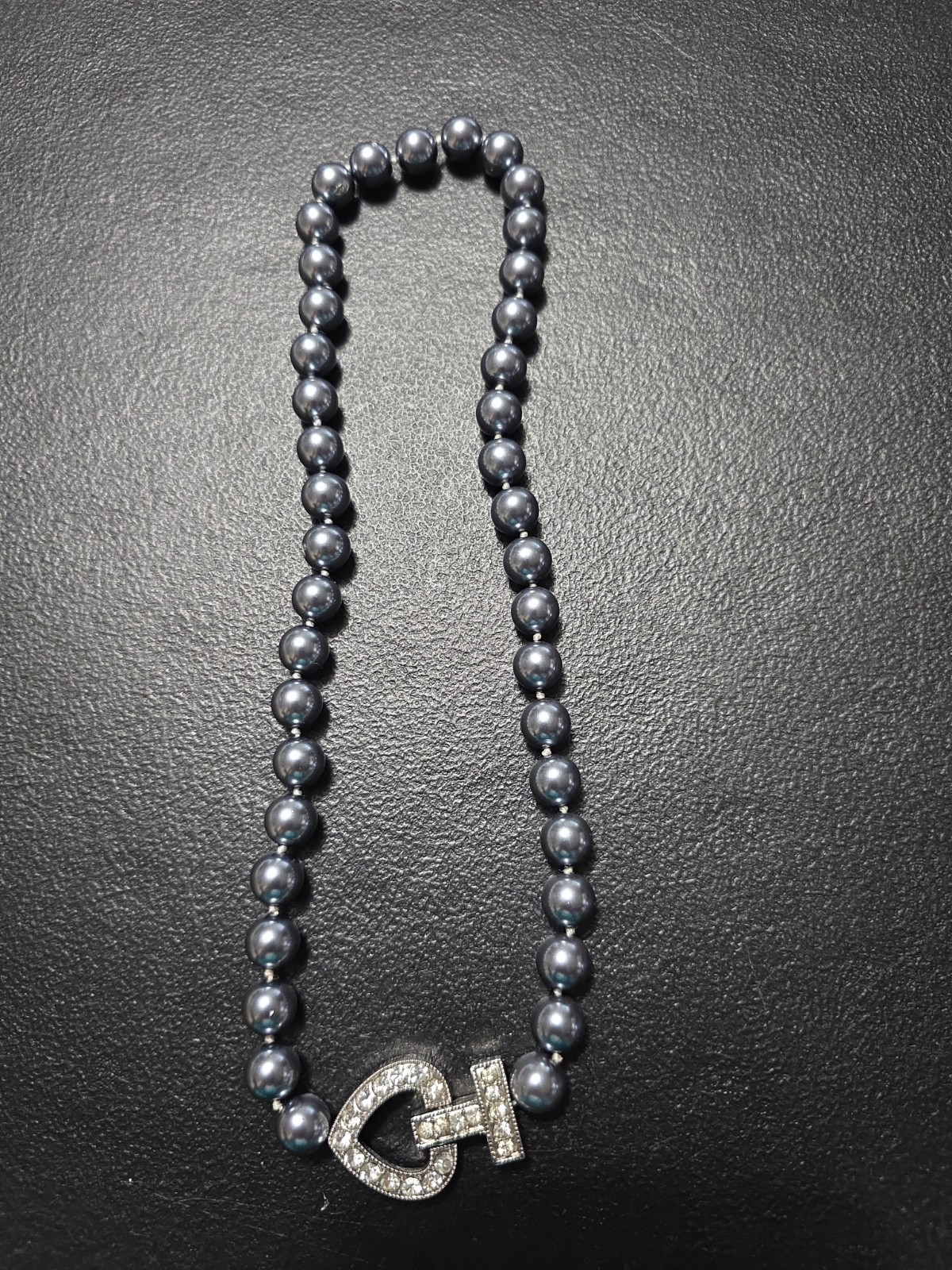 Bloomingdales Hematite Pearl Necklace W/interlocking Rhinestone Studded Omega…