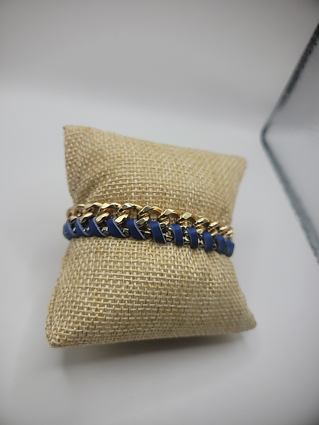 Vintage Ettika Bracelet Gold Tone Chain Leather Braided Blue Purple Jewelry