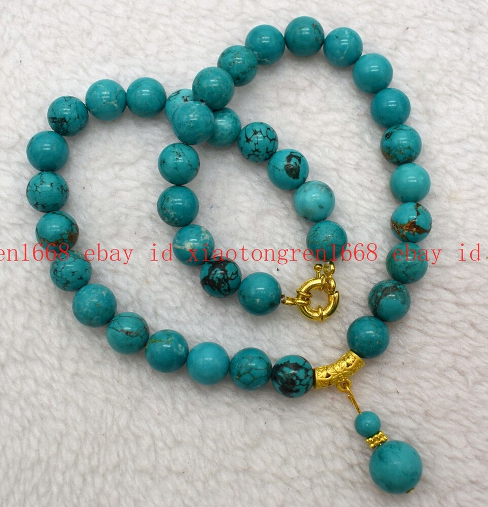 Natural 6/8/10/12mm Blue Turquoise Gemstone Round Beads Pendant Necklace 16-26in