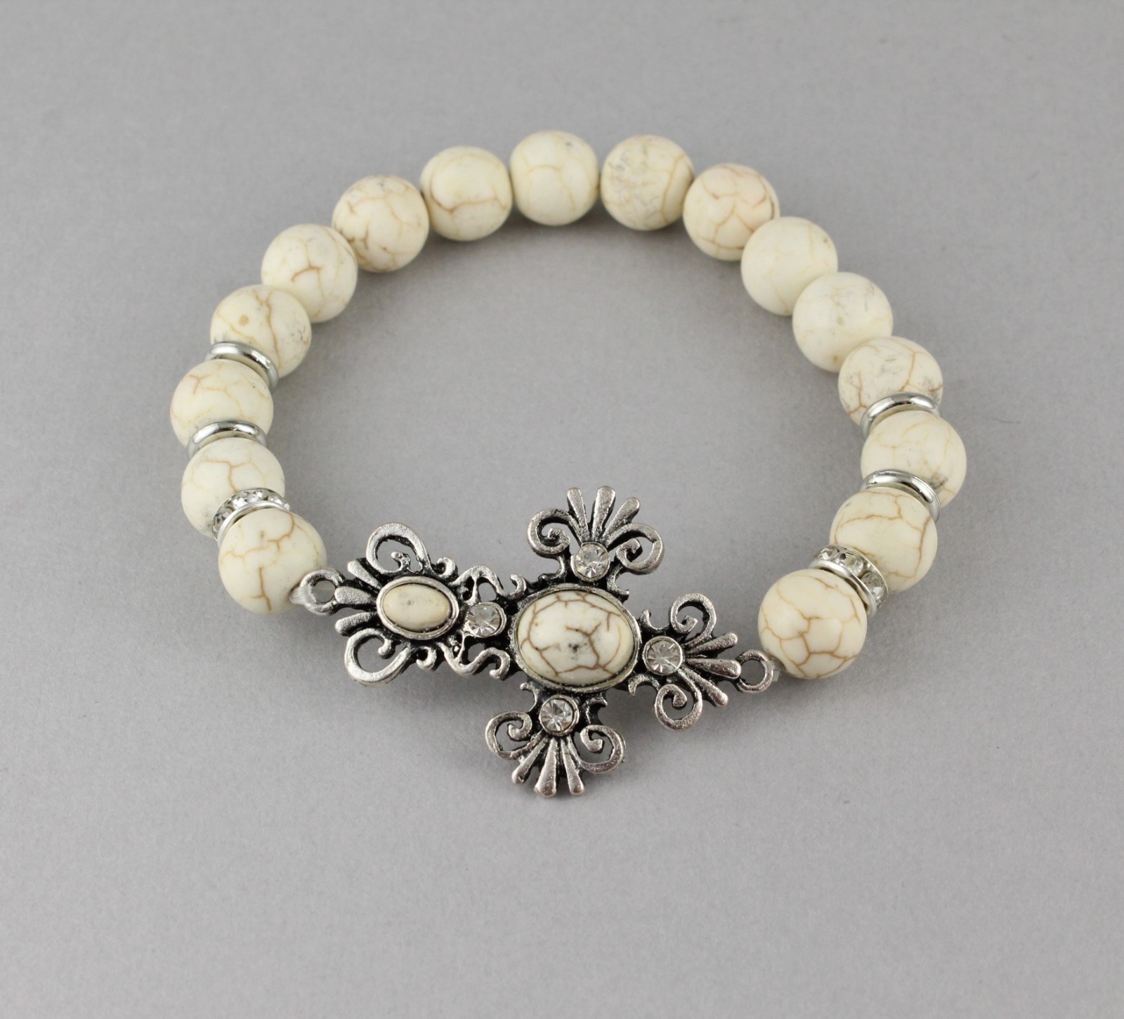 cross bracelet stretch Cream Silver stretchy beaded bracelet metal charm