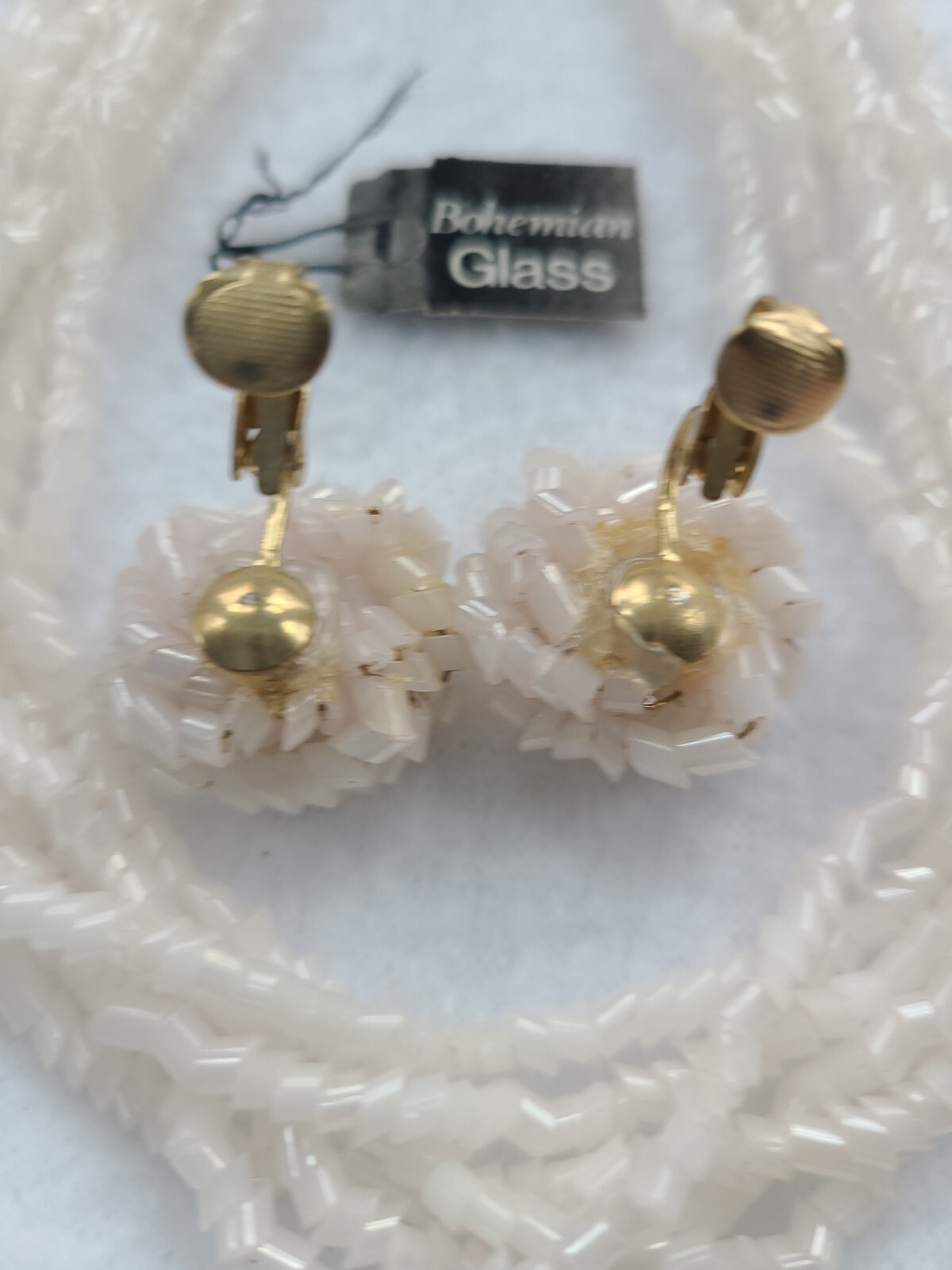 Bohemian Glass Necklace And Earrings By HUGO Pale Pink White Seed Beads