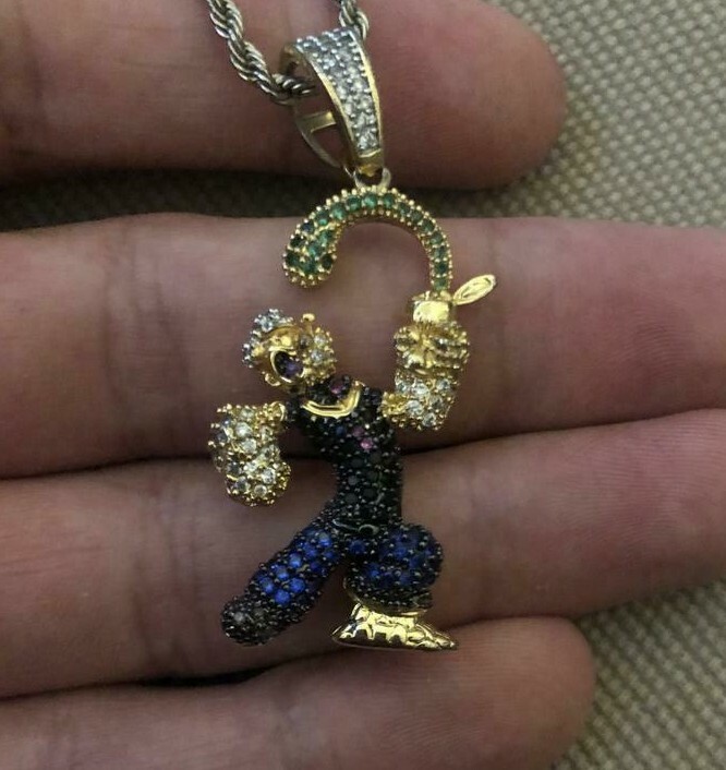 1.4 Ct Multicolor Cubic Zirconia Men’s Custom Popeye Charm Pendant 925 Silver