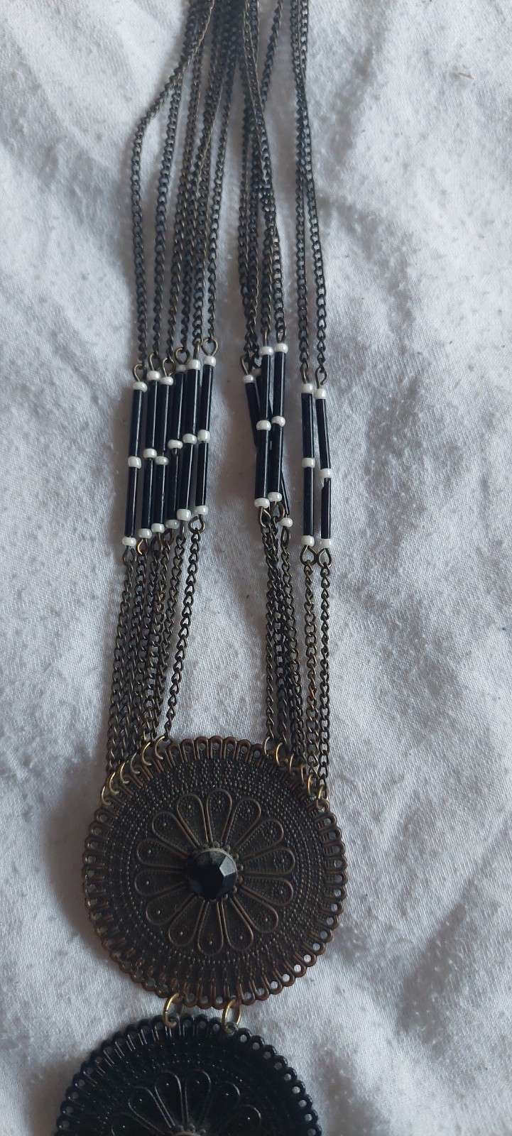 Vintage Gold Black Filigree Disc Medallion Tassel Boho Dreamcatcher Necklace XL