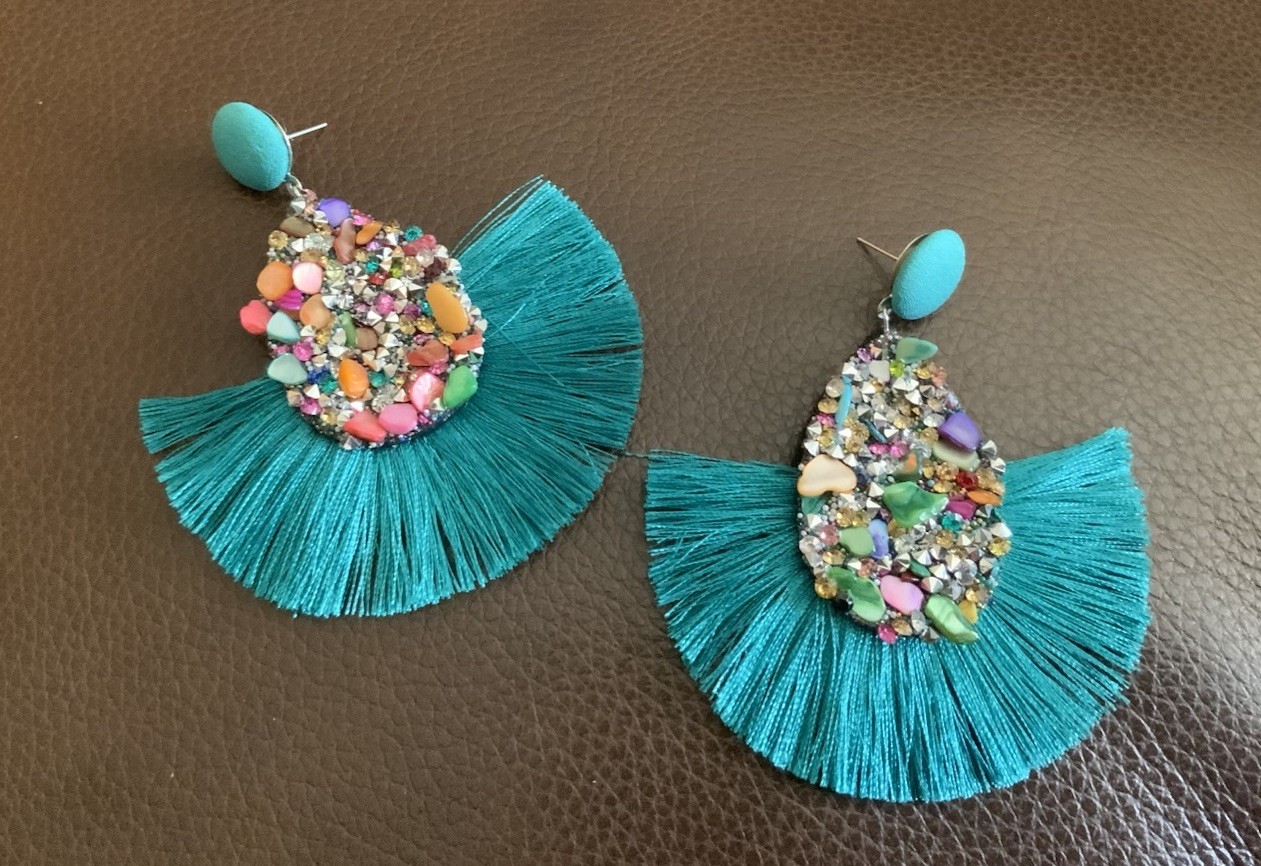 Ettika Turquoise Boho Tassel Statement Earrings Turquoise Fringe Crystal CZ Glam