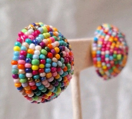 VTG Multicolor Seed Beaded Domed Large Button Statement Stud Earrings Boho 1″