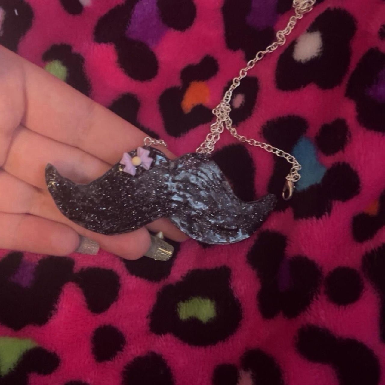 Handmade black glittery mustache necklace with bow