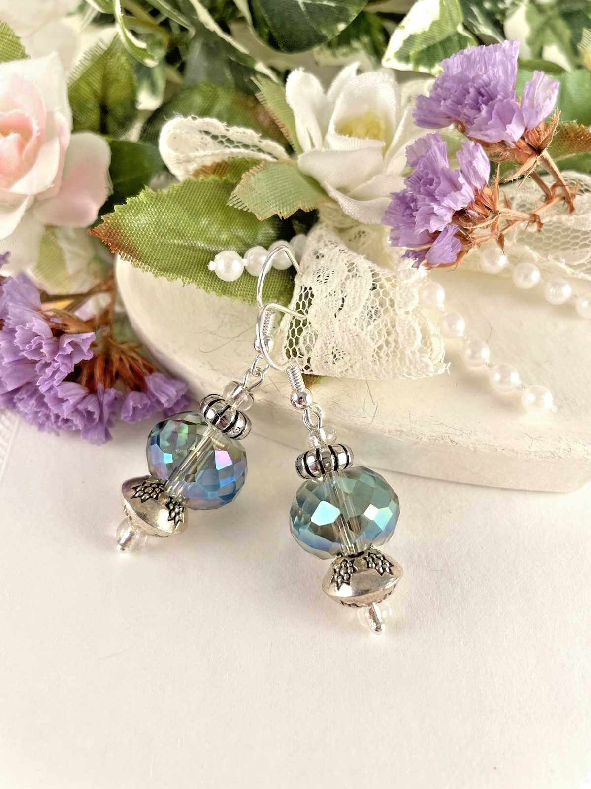 Round Octagon Blue Purple Crystal Silver Hook Earrings Handmade Artisan Jewelry