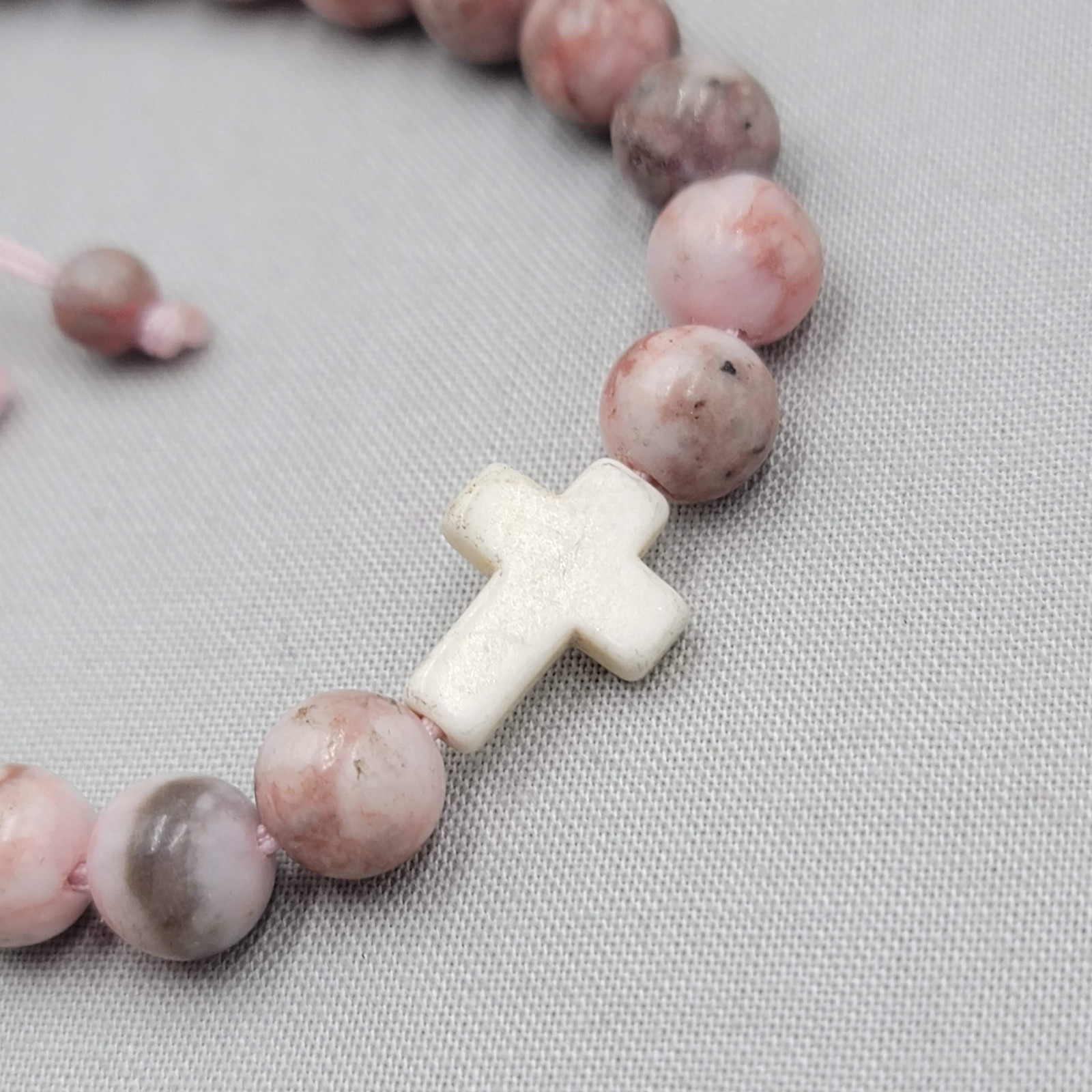 Pink & Gray Agate Bead White Stone Cross Bracelet Elastic Side Adj Pink Cord