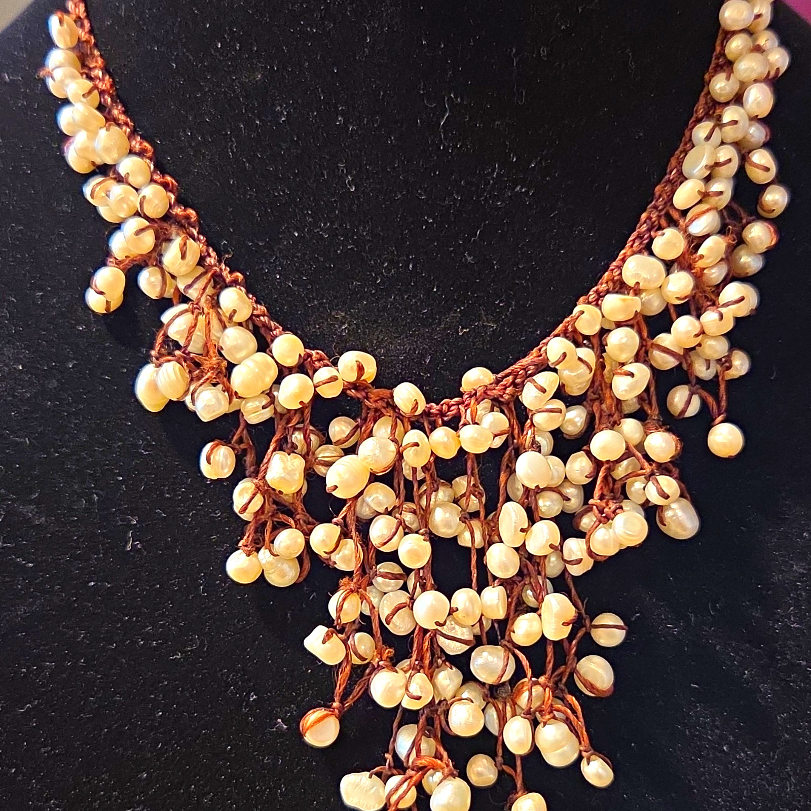 Brown Cord Beaded Bib Necklace White Baroque Pearl Beads Adjustable Bolo J4