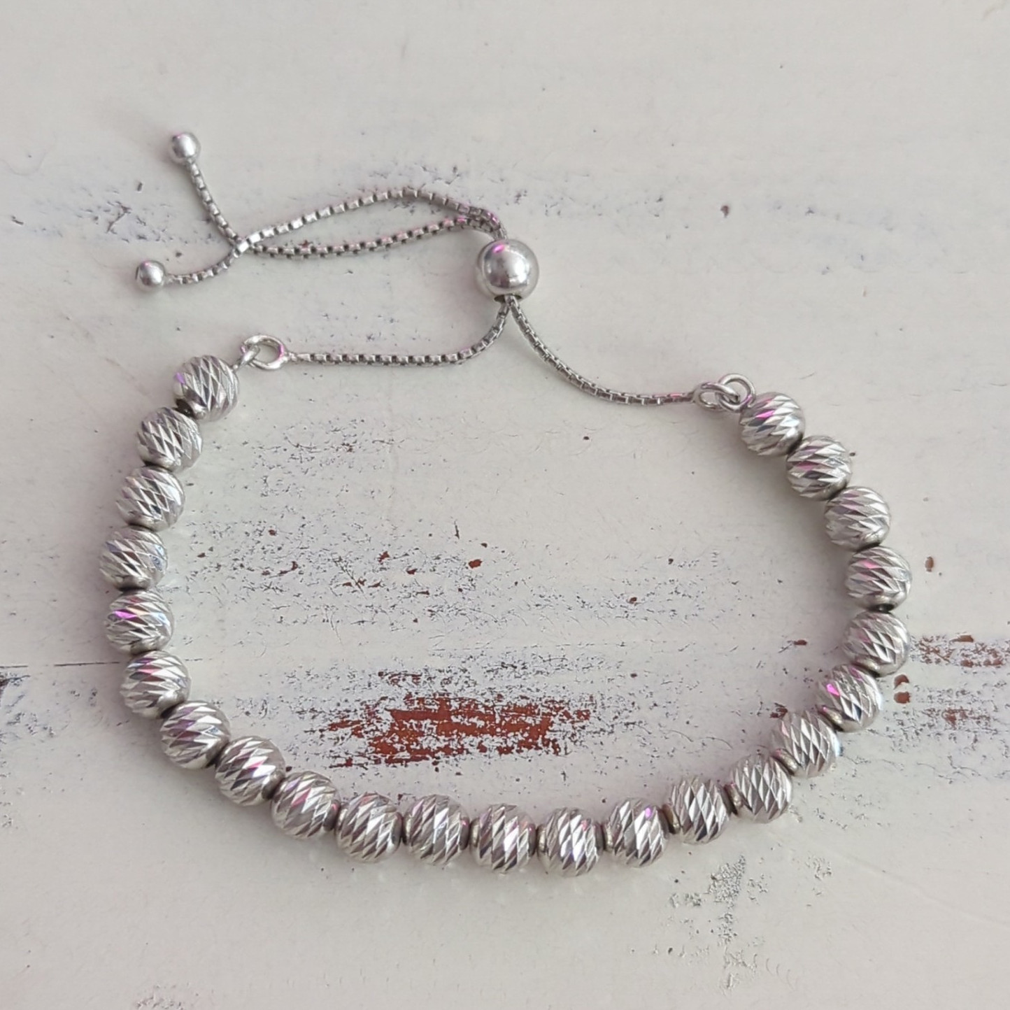 Silver Tone Metal Round Bead Chain Bracelet Adjustable Slider Slide Closure