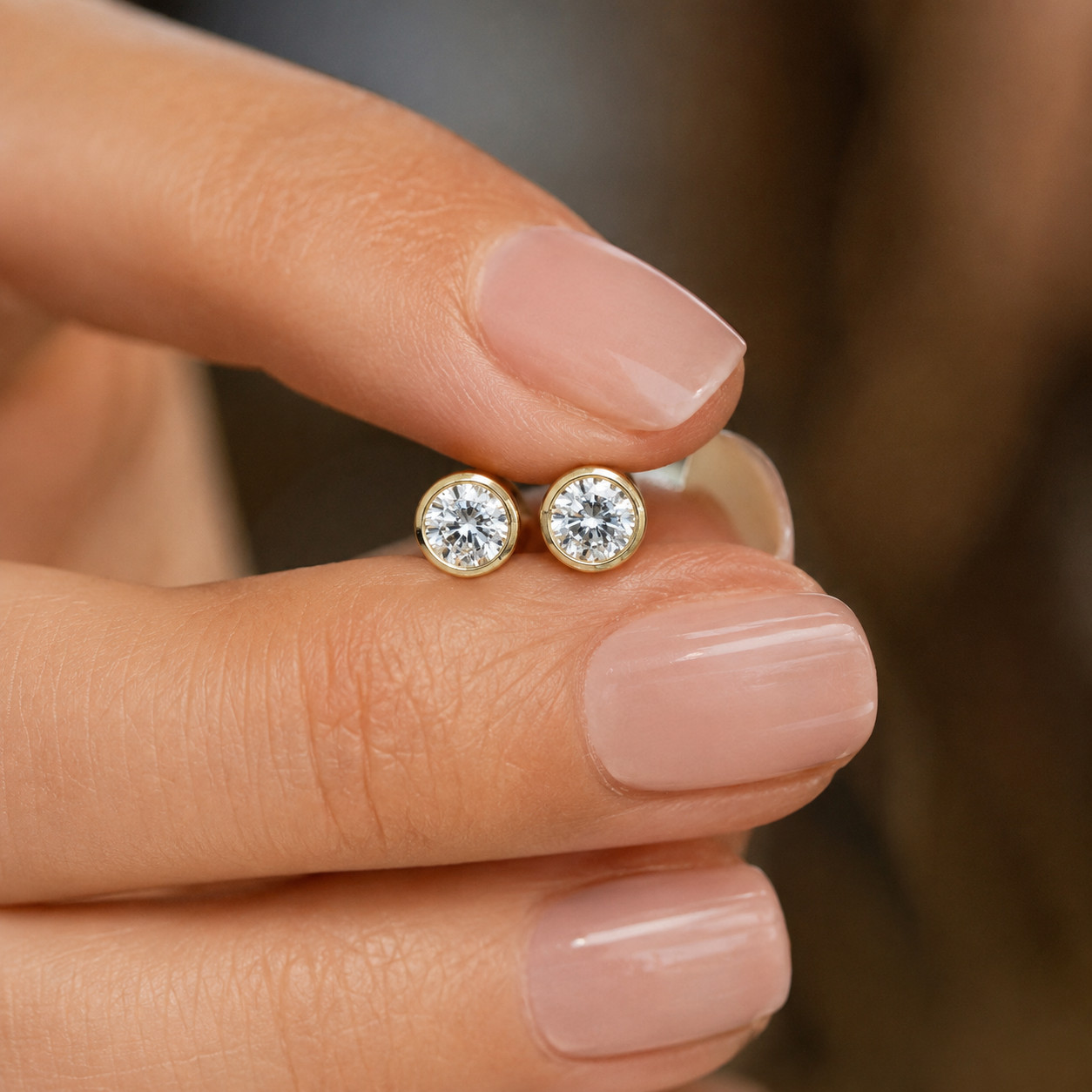 14K Gold Plated Bezel Stud Earrings Round CZ Solitaire Women Jewelry Gift
