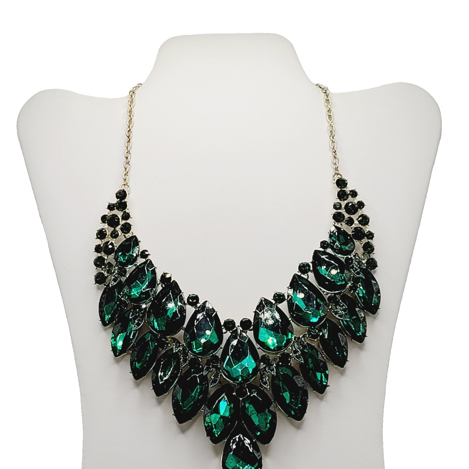 Christina Collection Green Faceted Glass Rhinestone Gold Tone Formal Necklace