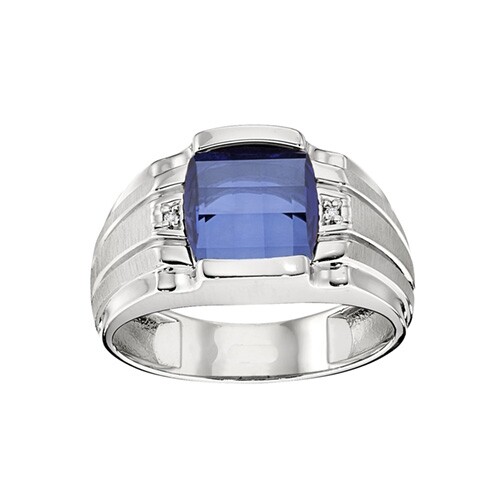 Simulated Blue Sapphire & Real Diamond Mens Band Ring 14K White Gold Plated