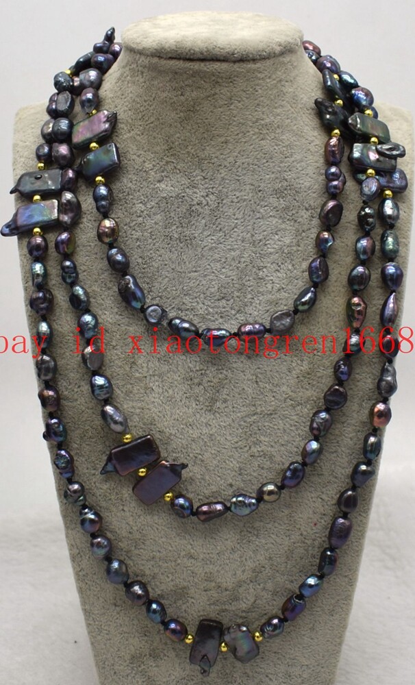 Long Natural 7-8mm Black White Baroque Pearl Biwa Pearl Necklace 50in