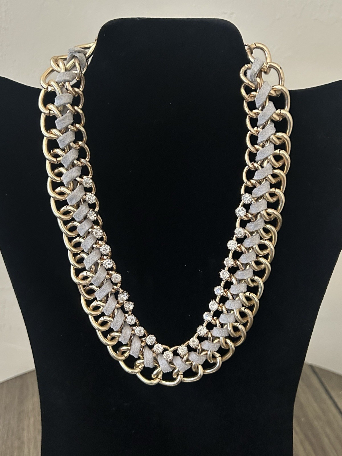 Gold Tone Clear Crystal Rhinestone Curb Link Statement Necklace 15-18″ 1″ Wide