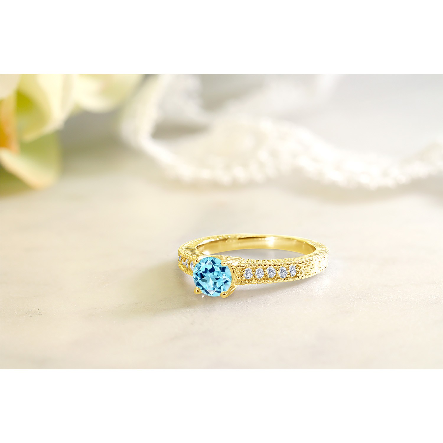 18K Yellow Gold Plated Silver Ring Apatite Moissanite (0.97 Cttw)