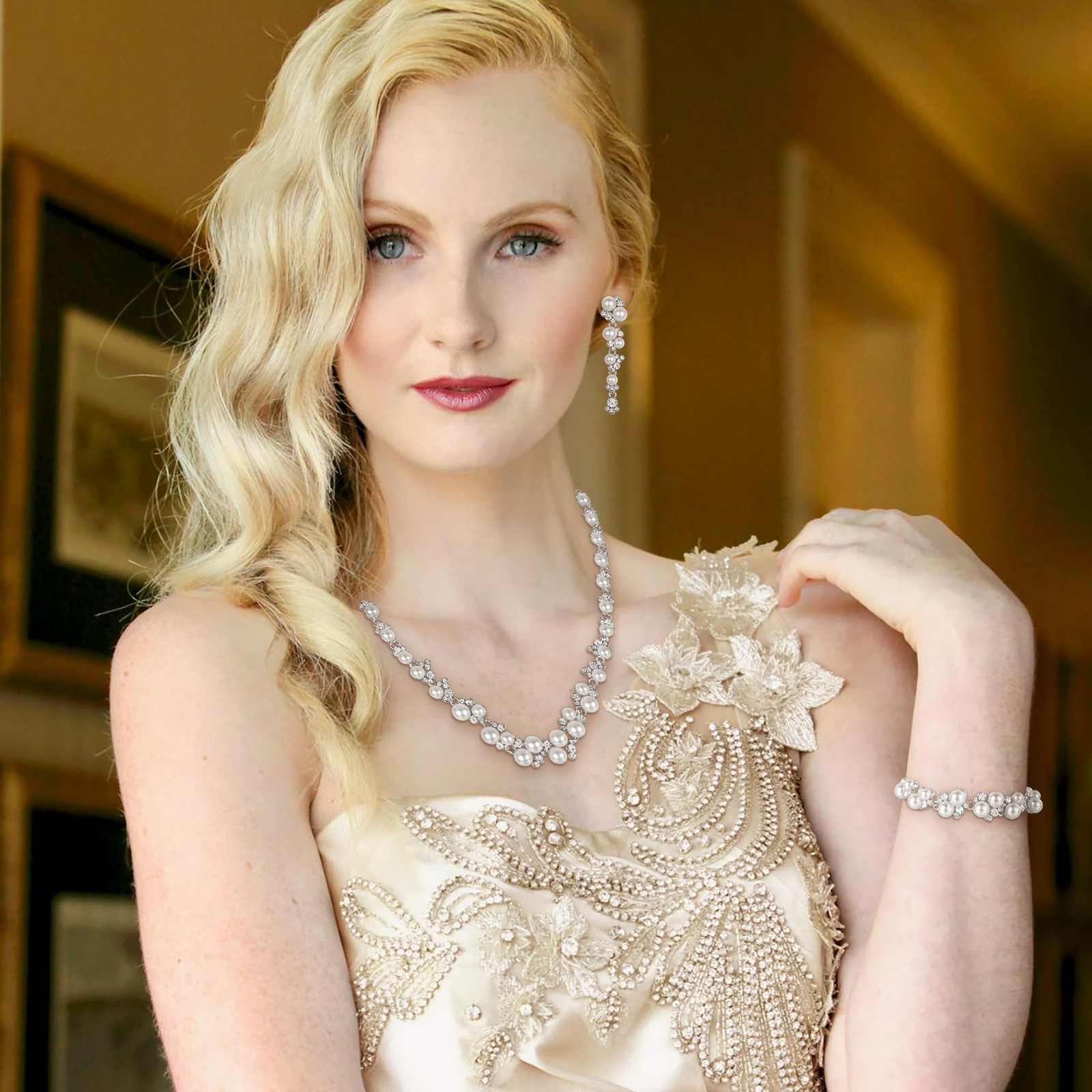 Simulated Pearl Crystal Bridal Necklace Earrings Bracelet Set Silver-Tone White