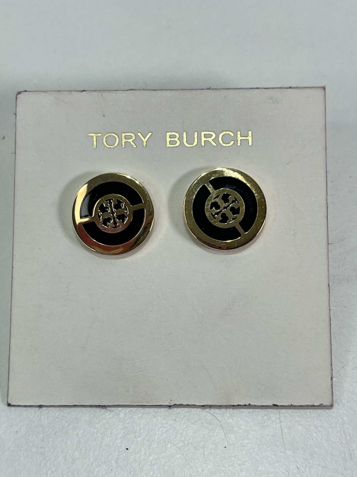 Tory Burch Black & Gold Tone Logo Stud Earrings Butterfly Closure
