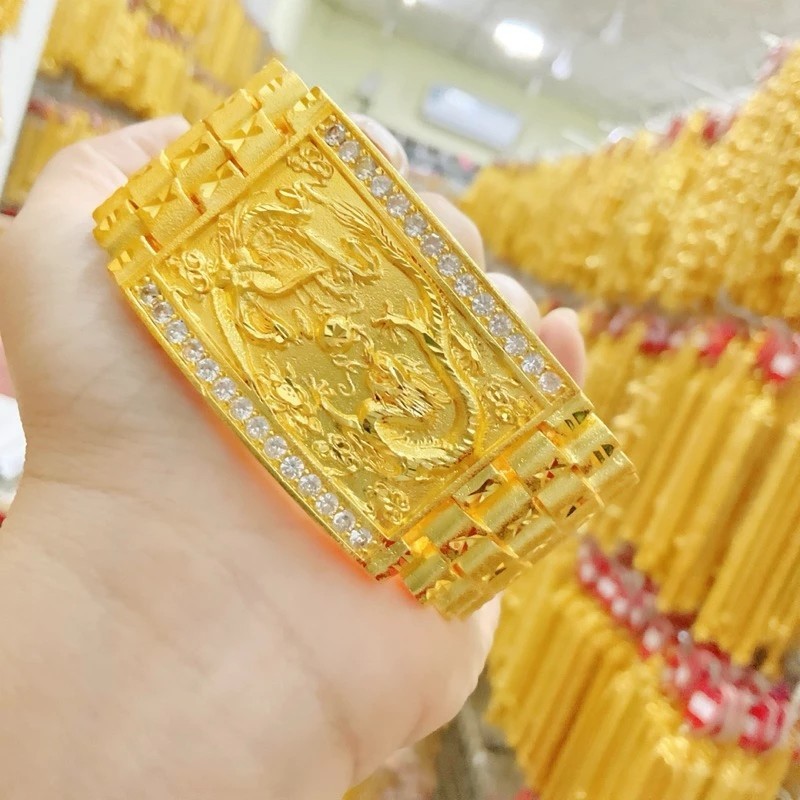 H9 Carved Dragon Bracelet 24k Gold Plated Men Jewelry Gem Weight 20 Baht 8.5″