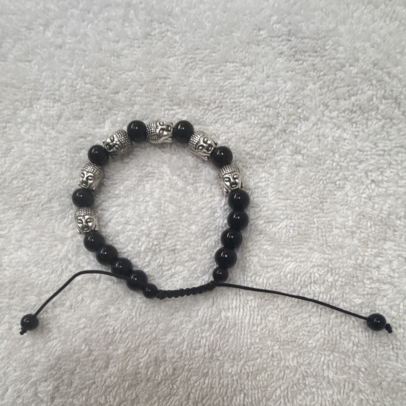 Black Beaded Adjustable Cord Bracelet with Silver-Tone Spacer Beads