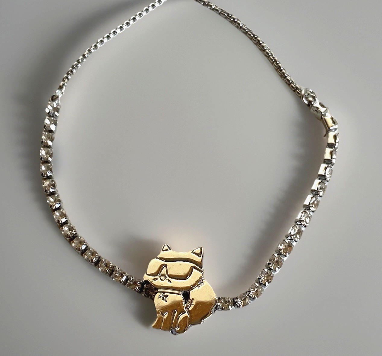 Karl Lagerfeld Silver Tone Bracelet Rhinestones & Cat Charm 4-1/2″ – 8″Long