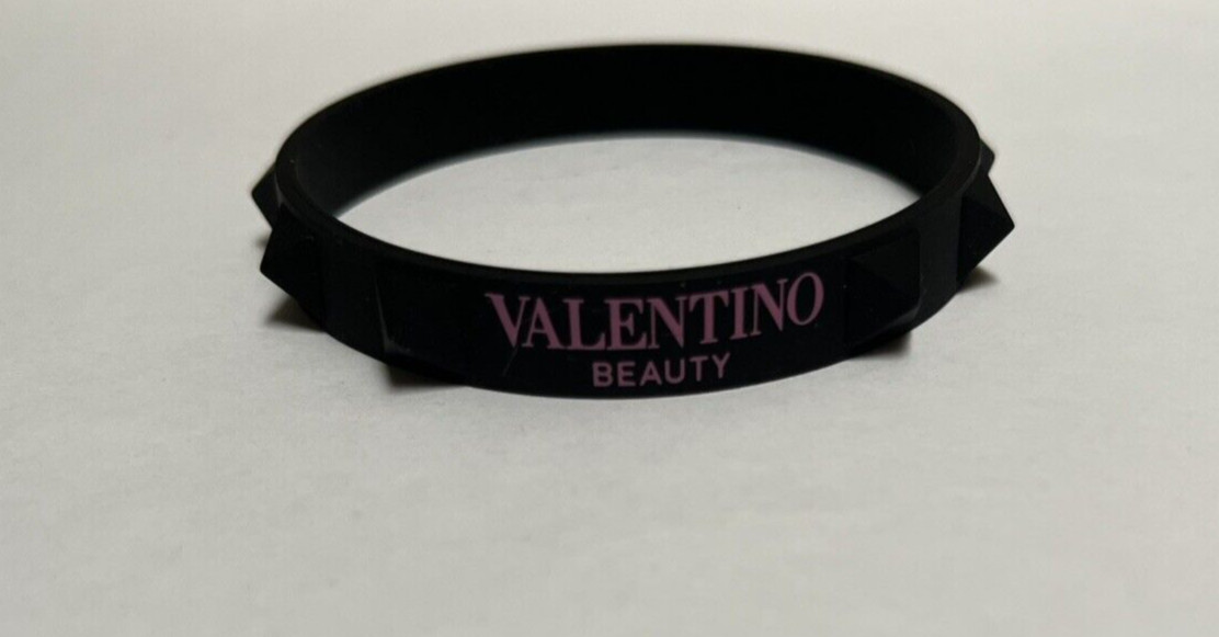 VALENTINO BEAUTY Black Pink Logo Silicone Studded Rubber Bracelet In Pouch NEW